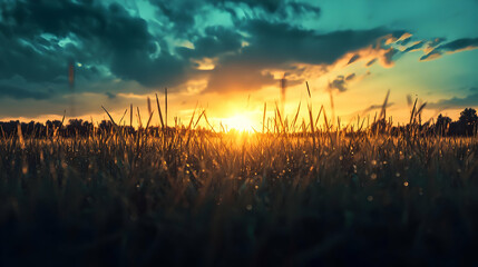 Sunset over field, grasses silhouetted, dramatic sky, nature scene