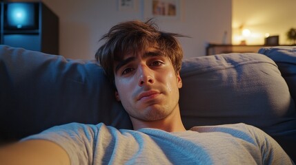 Fototapeta premium Sad Caucasian Man Crying on Couch, Reflective Solitude