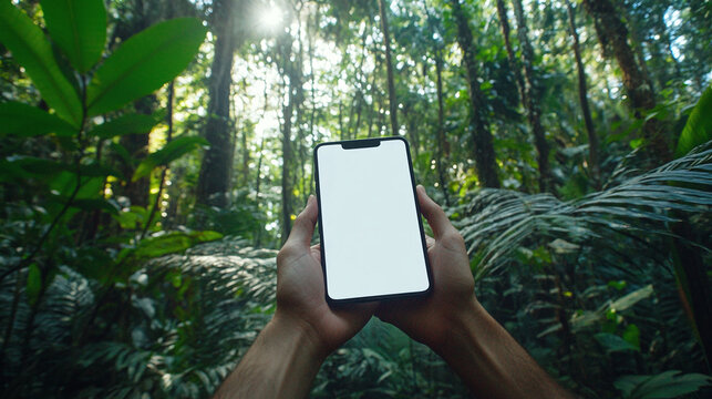 Hand holding smartphone mockup with white screen with green forest nature background.