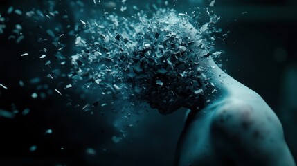 Abstract representation of a human figure disintegrating into particles in a dimly lit space