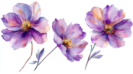 Watercolor set of purple cosmos flowers isolated on white background.