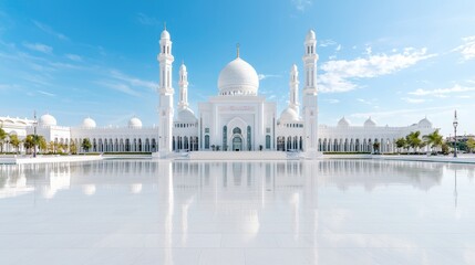 Obraz premium Majestic white mosque reflecting in calm water, sunny day