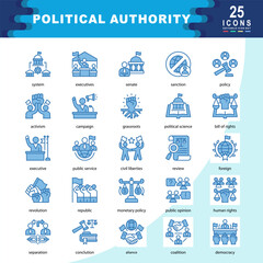 Political Authority icon set containing system, executives, senate, sanction, policy, activism, campaign, political science, civil liberties, monetary policy icon. Simple vector