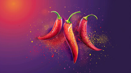 Spicy red chili peppers with vibrant colors and artistic splashes