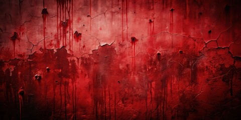 Dark red color with splattered blood on the wall surface showing scratches and cracks as a result of violent attack, dark atmosphere, red color