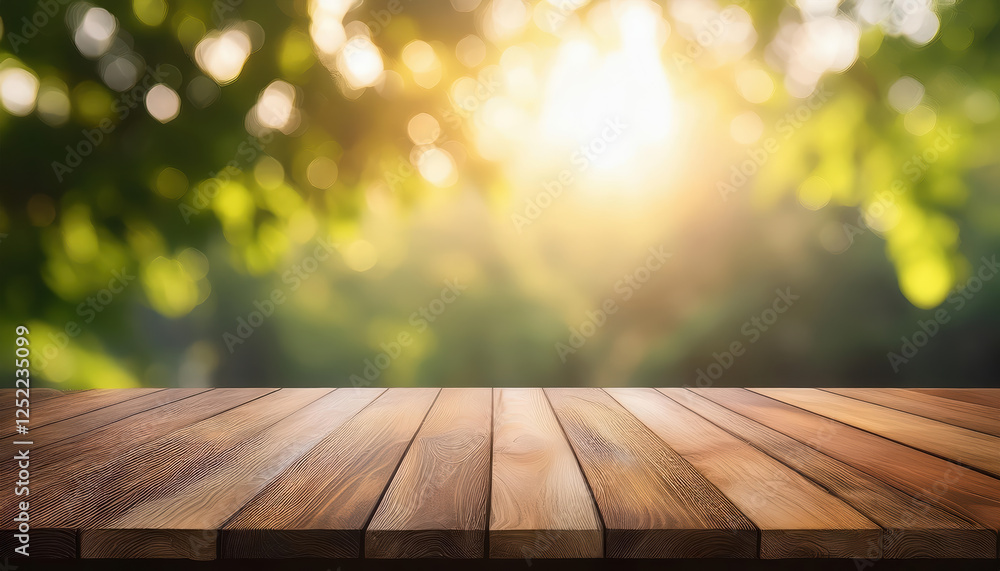 Aufkleber rustic wood table illuminated by soft light, creating dreamy bokeh effect