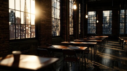 Cozy urban caf? interior with sunlight streaming through large windows, creating a warm atmosphere