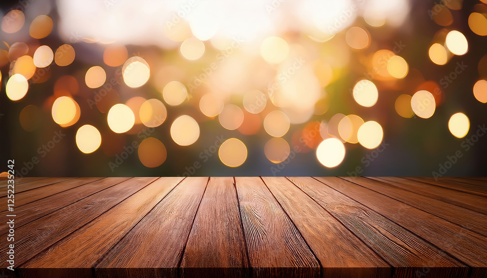 Aufkleber rustic wood table illuminated by soft blurred light with dreamy bokeh background creates warm atmosp