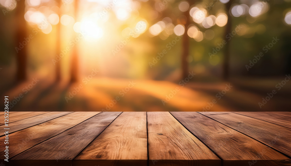 Aufkleber rustic wood table illuminated by soft light, creating dreamy bokeh effect in background