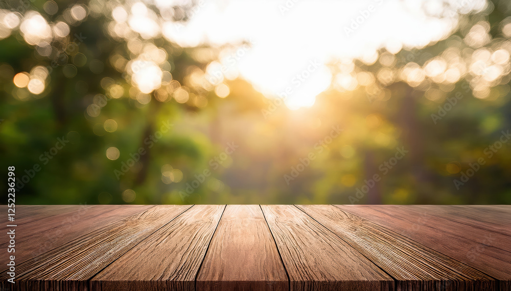 Aufkleber rustic wood table illuminated by soft light, creating dreamy bokeh effect in background