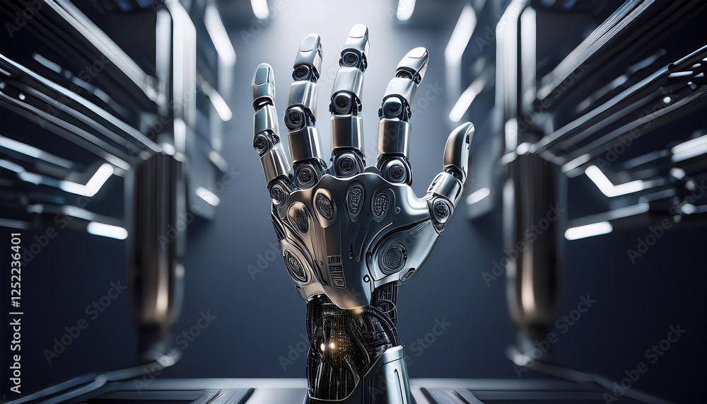 Poster sleek metallic robotic hand showcasing advanced neural connectivity and futuristic design, represent