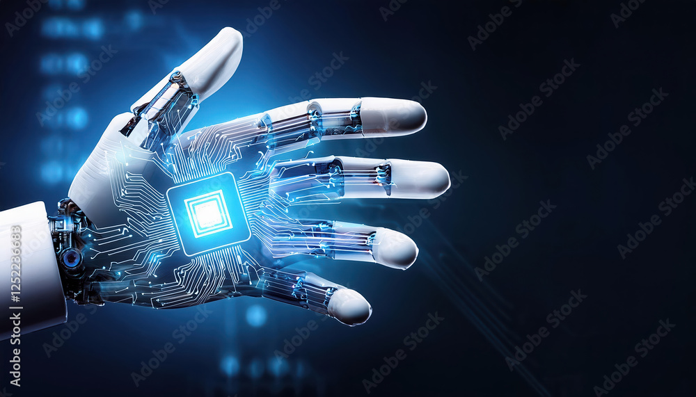 Poster futuristic robotic hand with embedded microchips and glowing interface