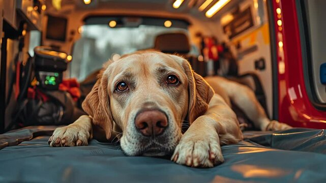 A Labrador lying on the bed of an ambulance, in the style of a real photo. The background is inside an emergency vehicle with lights flashing and medical equipment