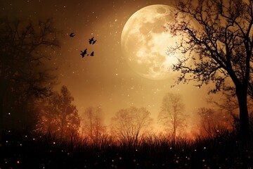 Nocturnal Landscape with Full Moon, Birds, and Fireflies