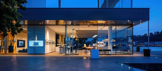Fototapeta premium Modern storefront at dusk, showcasing interior design and artwork.