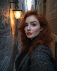 Obraz premium Woman with Red Hair in Narrow Alleyway by Warm Lantern Light