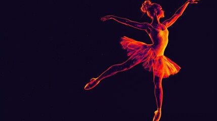 Obraz premium Graceful ballet dancer in vibrant orange and pink flow against dark background showcasing elegance and motion