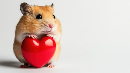 Fluffy hamster sitting beside a red heart, captured in a simple yet adorable setup on a white background.