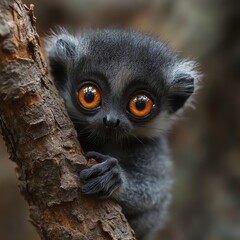 A captivating close-up of a young lemur with bright orange eyes, perched on a tree branch. Its playful demeanor and adorable appearance encapsulate the beauty of wildlife.