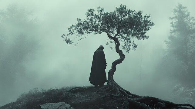 Solitary figure, hooded cloak, mystical tree, foggy forest, melancholic mood, ideal for fantasy, mystery, or drama