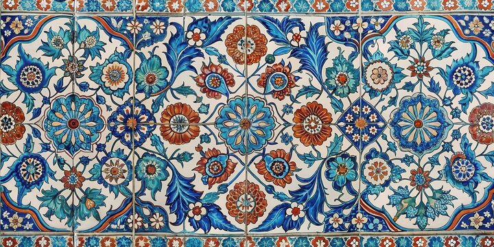 Traditional Turkish ceramic tile with intricate floral patterns featuring geometric shapes and arabesque motifs, eastern inspired , ceramic art