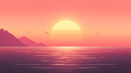 Serene Sunset Over Calm Ocean and Mountains
