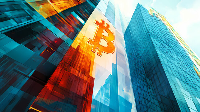 Off-center angle of a skyscraper reflecting a distorted bitcoin symbol, blurring the lines between reality and virtuality. Metamorphic Architecture. Illustration