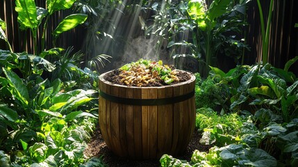 Lush greenery surrounding a wooden barrel filled with compost.