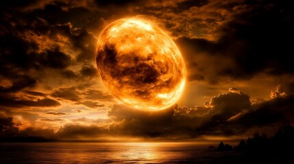 Fiery Celestial Orb Above Dark Water and Cloudy Sky Landscape of a distant planet.