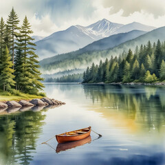 Obraz premium watercolor illustration of Lake Placid, New York, focusing on the beautiful Adirondack Mountains and crystal-clear waters of Mirror Lake