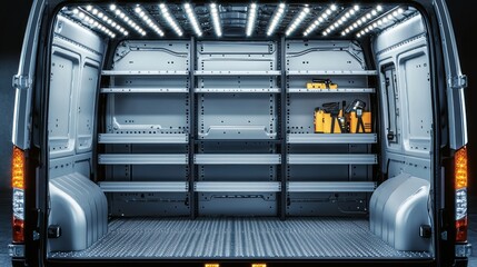 Interior view of a spacious, well-lit commercial van showcasing organized storage with tools