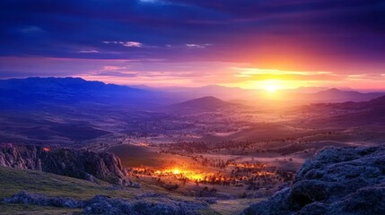 Fototapeta premium Fiery Sunset Over Mountainous Valley with a Golden Glow and Majestic Blue Sky View.