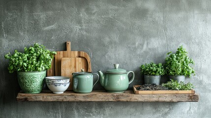 Greenery and teapots arranged on a rustic wooden shelf against a textured background.