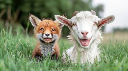 Obraz premium Happy fox and goat in green field, nature background