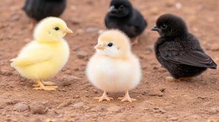 Naklejka premium Five Baby Chicks Standing on Brown Dirt.
