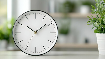 Modern clock shows time in bright room, plant background; home decor