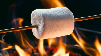 Perfectly Toasting a Marshmallow on a Skewer Over a Campfire Flame in a Dark Background