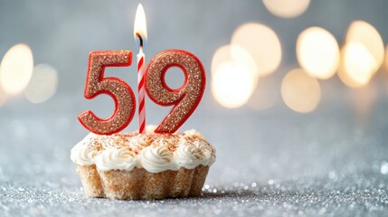 A Celebratory 59th Birthday Cake with a Sparkling Candle and Festive Background Highlights the Joy of Aging and Life's Milestones.