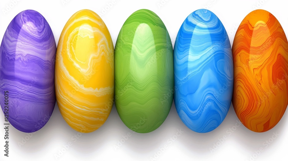 Poster five colorful easter eggs arranged on white surface artistic swirl pattern abstract design.