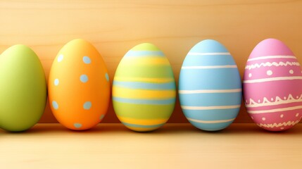 Five Colorful Easter Eggs Arranged Side by Side on Wooden Surface Simple and Festive Holiday.