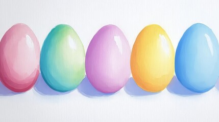 Obraz premium Five Colorful Easter Eggs in a Row with Subtle Shadowing on a White Background Painting.