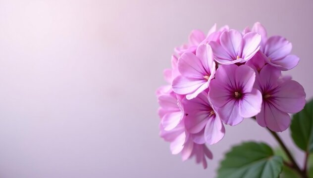 Delicate lilac petals on a light background of Royal Pelargonium Archie Pope branch, botanical garden, purple flowers
