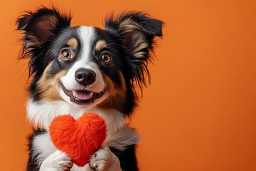 Obraz premium Cute australian shepherd pooch with fluffy red heart - sign of love, funny greeting card. Ad campaign picture. Australian shepherd - my preferred dog. Valentine's animals. Dog valentine card.