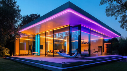 Modern Architectural Home with Vibrant Neon Lighting at Dusk