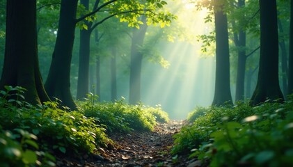 Fototapeta premium Oxygen-rich air fills misty forest atmosphere, foliage, water droplets