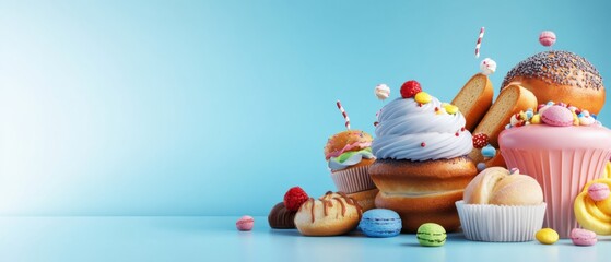 Colorful Dessert Display with Variety of Cakes and Sweet Treats