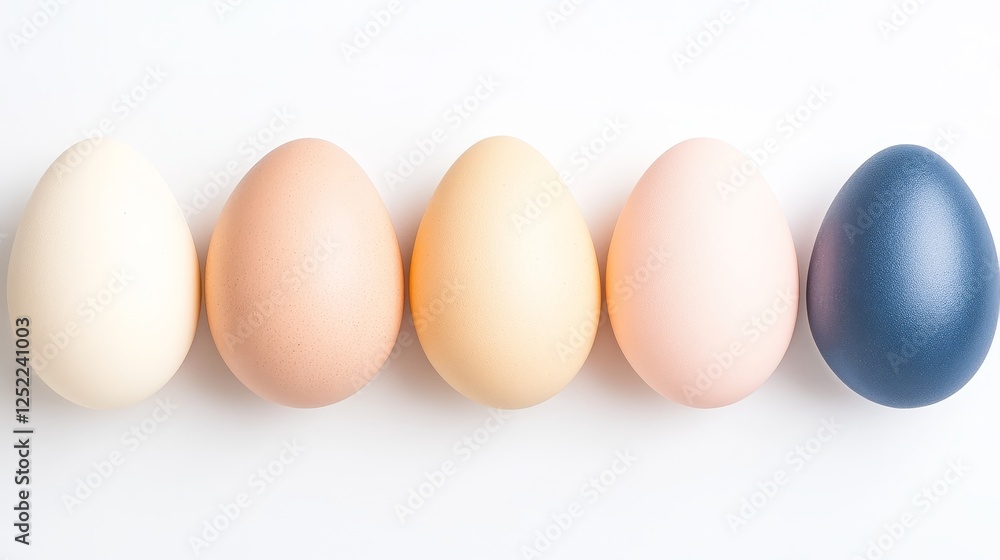 Aufkleber five eggs in a row different colors still life composition on a white surface simple layout.