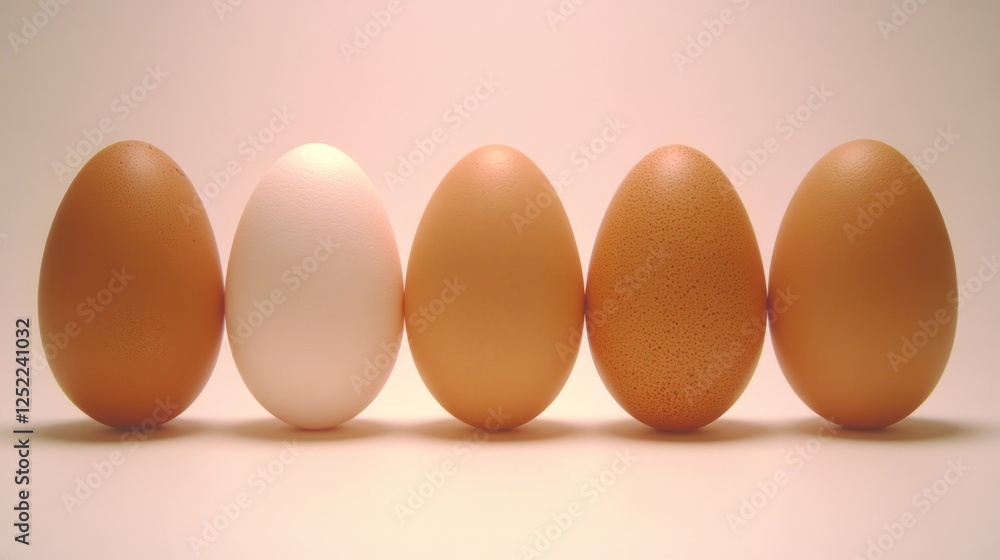 Poster five eggs displayed side by side one white four brown on a plain background simple composition.
