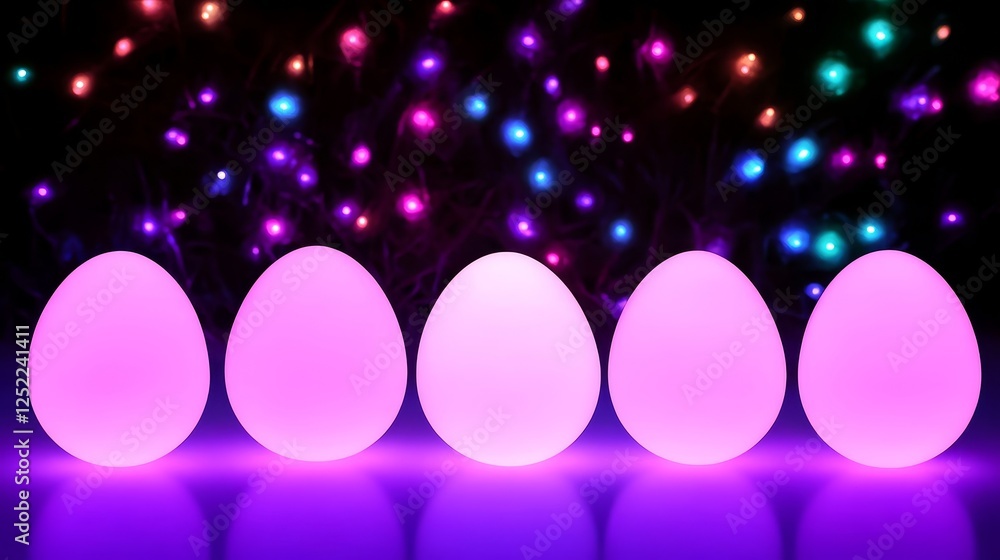 Poster five luminous egg shaped objects glowing against dark background with colorful lights overhead.