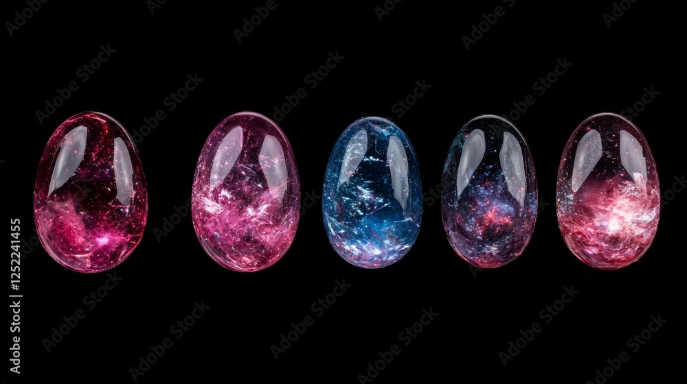 Poster five ovoid celestial objects with galaxy patterns on black background space eggs.